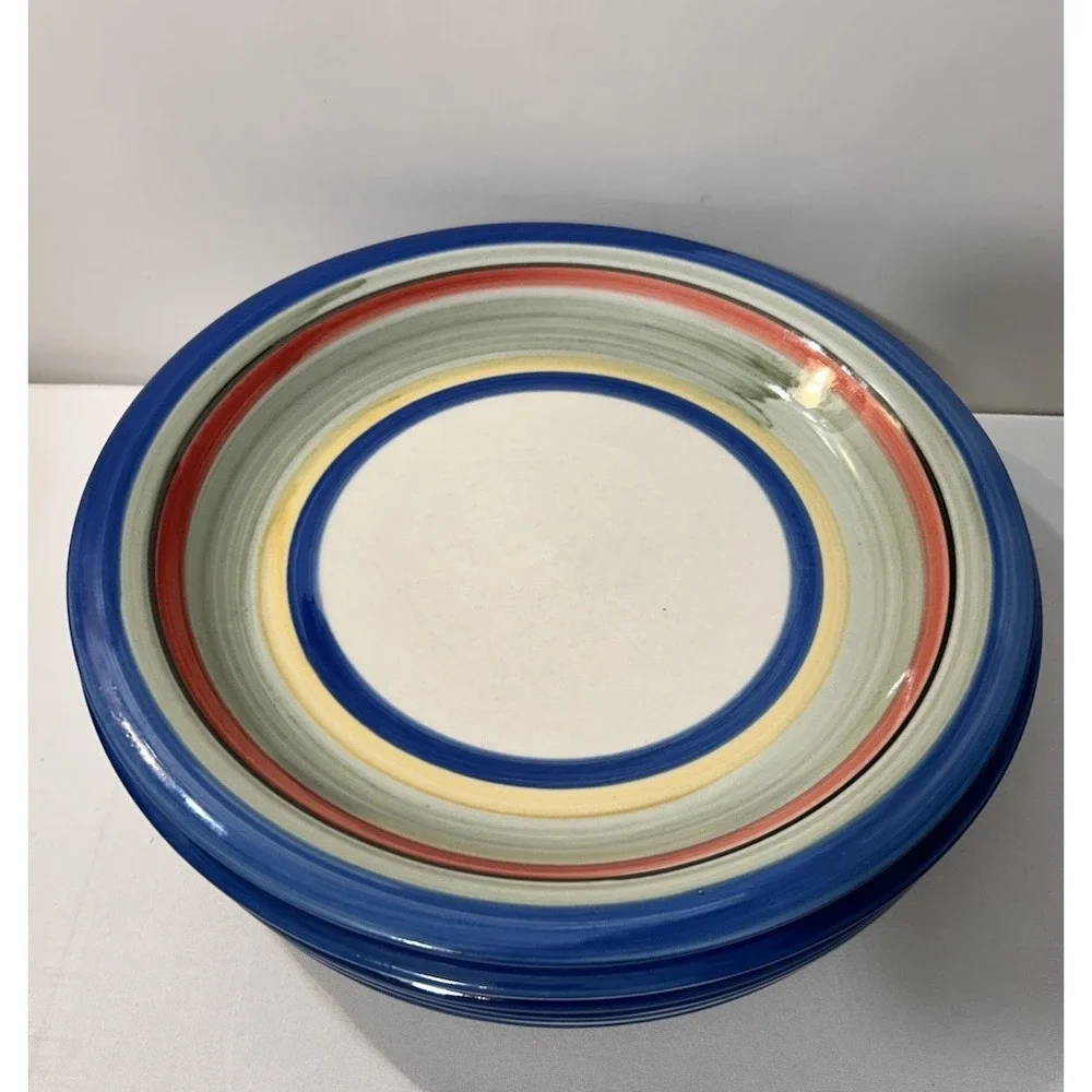 Vtg Gibson Rainbow Striped Hand Painted Rim Ceramic Dinner Plate 10.5in Set Of 6
